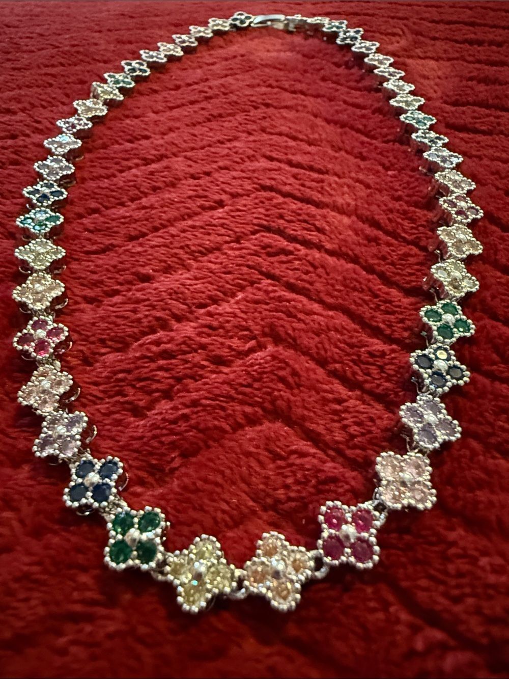 White Gold Filled NEW Multi-Color CZ Quatrefoil Flower Tennis Necklace with Box